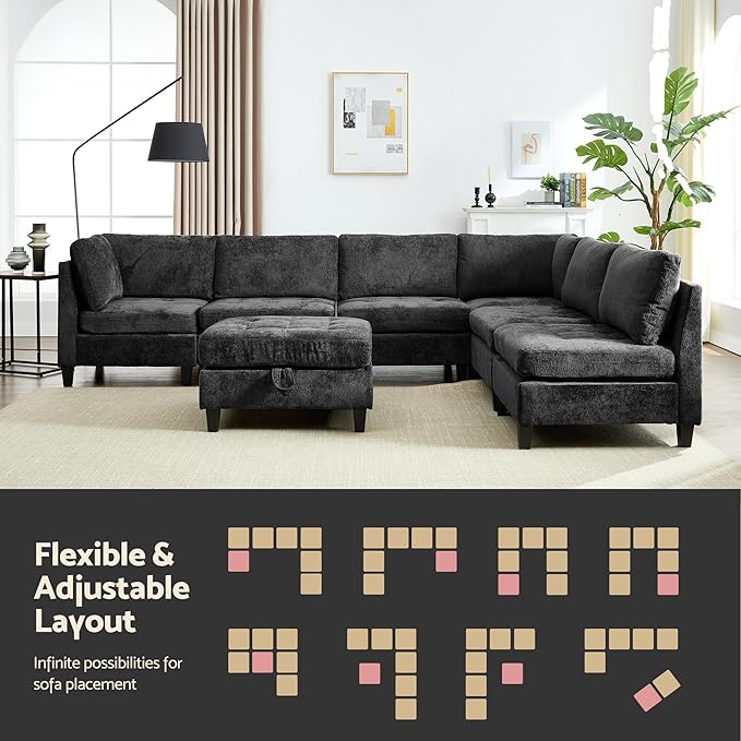 Luxe Oversized Modular Sectional Sofa, Modern Chenille Convertible Sleeper Sofa with Storage Ottoman, Comfy Deep Seat U-Shaped Cloud Couch for Living Room（Dark Grey，6-Seater + 1*Ottoman）