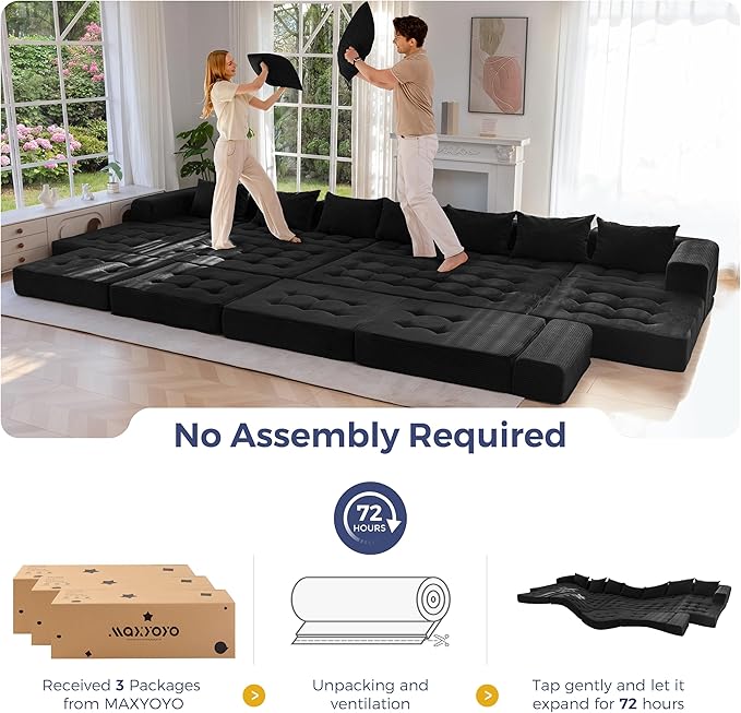 MAXYOYO Modular Sectional Sofa Couch, Foldable Oversized U Shaped Cloud Couch with Pillows, Tufted Boneless Sleeper Lounger Floor Sofa Bed for Living Room, No Assembly Required, Black