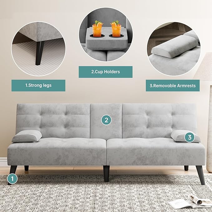 Meilocar 64" Futon Sofa Bed, Convertible Loveseat with 2 Cup Holders, Small Couch with 3 Adjustable Angles & Removable Armrest, Modern Sleeper Sofa for Apartment, Office, 5.3 FT, Light Grey