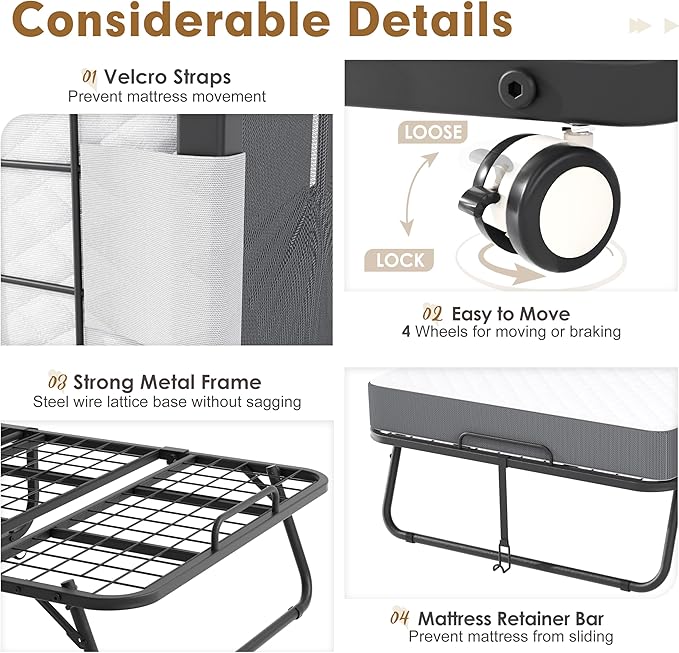 INTERGREAT Folding Bed with Mattress, 75.2" x 31.5" Portable Folding Bed for Adults, Foldable Bed with 5-inch Mattress for Guests, Heavy-Duty Steel Frame Supports Rollaway Bed for Easy Storage | Portable, For Adults, 5-inch Mattress, Heavy-Duty Steel, ...