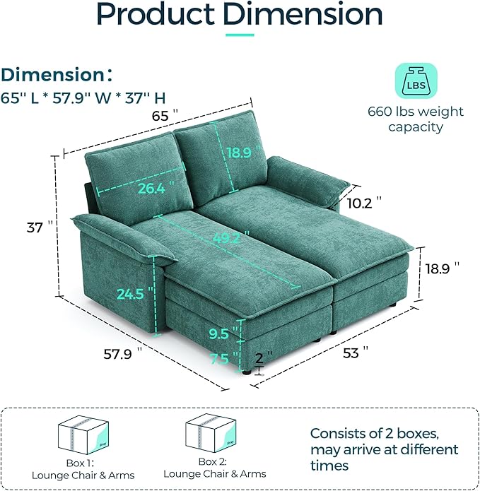 LINSY HOME Modular Sofa Chaise Lounge, 65" Cloud Sofa Bed Lounge with Armrests, Chenille Sleeper Sofa for Living Room, Apartment, Home Theater, Green