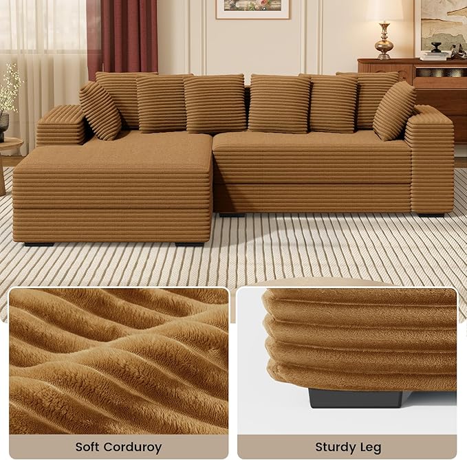 111'' Modular Sectional Cloud Couches with Chaise, L Shaped Extra Large Sleeper Couch Reversible Fluffy Corduroy with 8pcs Pillows for Living Room(Brown Left Facing Chaise)