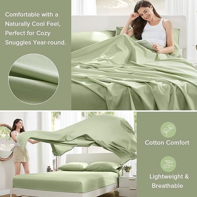 Comfort Spaces 100% Cotton Sheets King, Breathable & Soft Cotton Sheets, Naturally Cool Cotton Bed Sheets with 14" Elastic Pocket Fits up to 16" Mattress, All Seasons Sheet Set, Sage Green 4 Piece