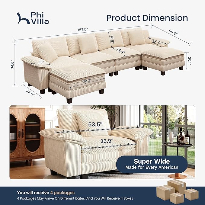 PHI VILLA Cloud Modular Couch Sets, 157.5" Sectional Sofa with U-Shaped Chaise, 6-Seater Couches with Movable Ottomans for Living Room, Corduroy Fabric, Beige