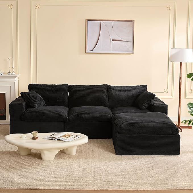 106.3” Sectional Couches for Living Room, Set of Cloud Couch, Modular Sectional Sofa, Convertible Sofas Bed, Deep Seat Sofa, L Shaped Cozy Sofa Furniture Set, Corduroy, Black