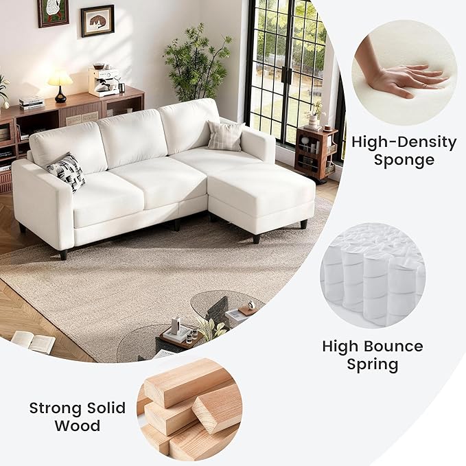 73" Sectional Sofa Couch for Living Room, Beige Convertible L Shaped Sofa with Reversible Ottoman, 8" Extra Thick High-Density Cushions, Modern Linen Fabric 3 Seater Sofa for Small Space