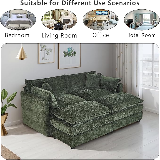 Setawix Deep Loveseat Couch with Ottomans,Large 2 Seater Lounger Cloud Couches for Living Room,77.16" Chenille Cloud Sofas with Deep Seat,Modular Sectional Sleeper Sofa for Bedroom (Green, 2+2)