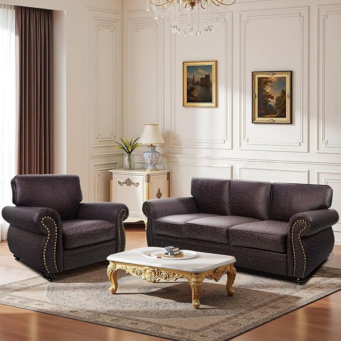Living Room Furniture Sets,Sofa Sets and Couch Sets for Living Room,Mid-Century Vintage Sofa Couches with Rivet Design (Brown, Single+3 Seater)