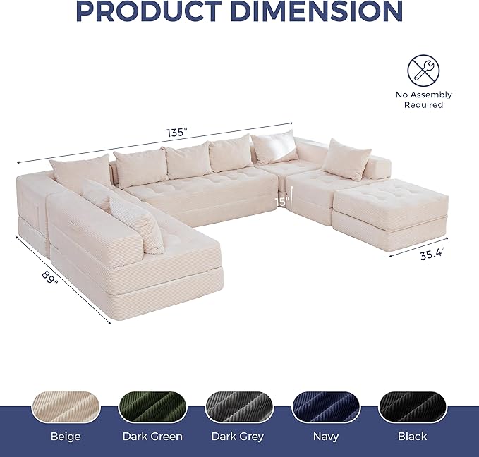 MAXYOYO Modular Sectional Sofa Couch, Foldable Oversized U Shaped Cloud Couch with Pillows, Tufted Boneless Sleeper Lounger Floor Sofa Bed for Living Room, No Assembly Required, Beige