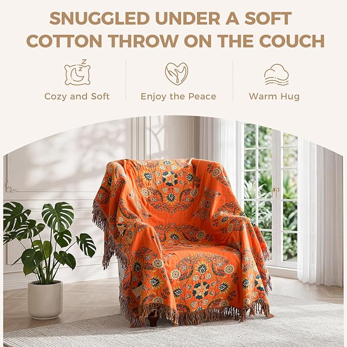 Boho Throw Blanket for Bed 100% Cotton Soft Lightweight Quilt Floral Embroidery Home Decor Spring Breathable Orange Bed Blankets,90"x98" All Season Reversible Blankets for Sofa Couch Chair