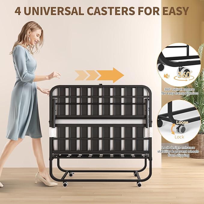 AQY Folding Rollaway Bed with 5" Memory Foam Mattress, 3.15" Lift Adjustable Headboard, 75"x46" Twin Size, Heavy Duty Metal Frame on Wheels, Portable for Adults/Guests, Assembly Required