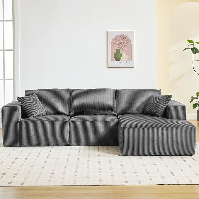 Sectional Cloud Boneless Couch 108" Modern Comfy L-Shape No Assembly Required Convertible Compression Sleeper Modular Sofa with Corduroy Fabric Deep Seat Loveseat + Chaise for Living Room