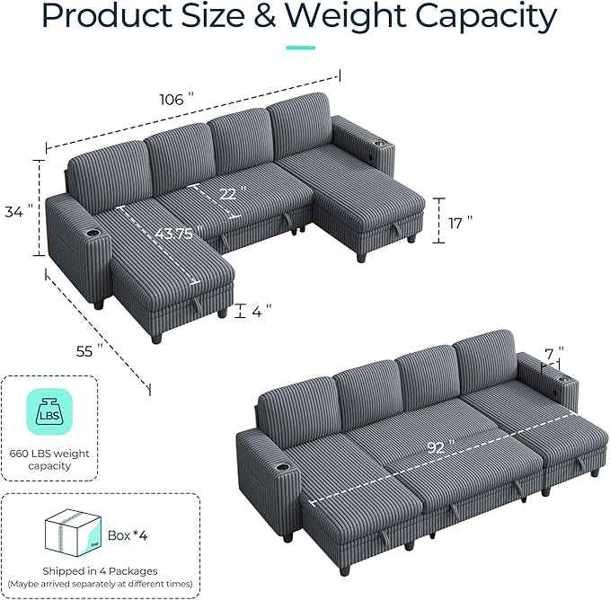 LINSY HOME Sectional Sleeper Sofa Pull Out Couches for Living Room (Grey, Sleeper Sofa 3) | Pull Out Sofa Bed, Storage, USB Charging, Cup Holders, Plush Corduroy