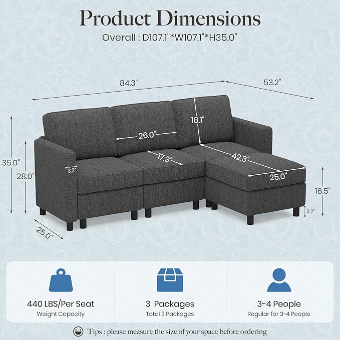 Belffin 84.3" 4 Seats L Shaped Couch Modular Sectional Sofa Washable Sectional Couches for Living Room Comfy Couches with Storage Seat Couch Sofas with Chaise,Dark Grey