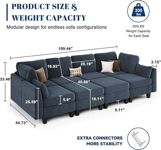 Sectional Sleeper Sofa, 8 Seaters Modular Sleeper Sofa Couch, Comfy Sectionals Couches Bed, Convertible Sofas with Ottomans, Modular Sectional Couches for Living Room, Blue