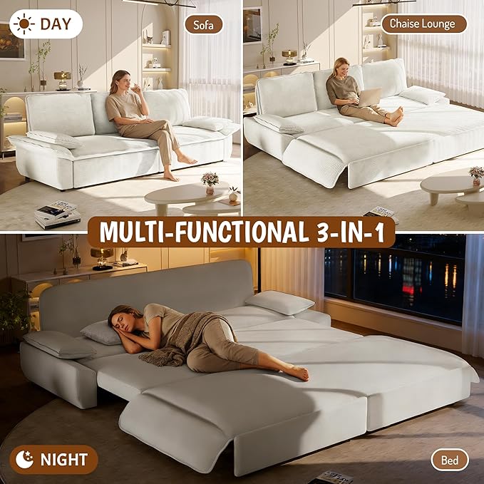 KEIKI 94.5" King-Size 3-in-1 Convertible Sleeper Sofa, Oversized Pull-Out Couch with Cloud-Style Deep Seat, Corduroy Reclining Loveseat for Home Theater & Family Living