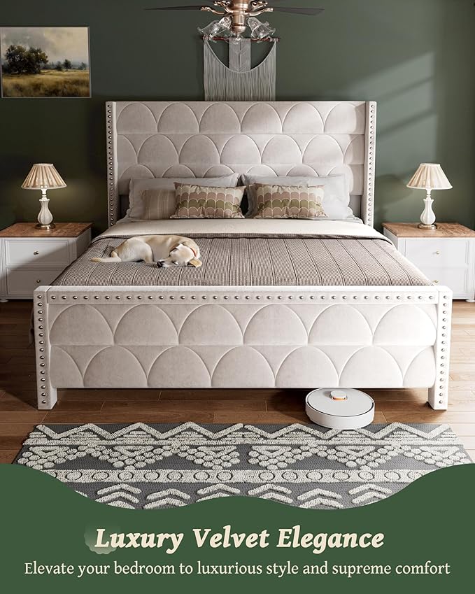 OHOHOLIVE King Size Bed Frame with 56" Headboard - Velvet Upholstered Wingback Platform Bed Frame, Noise Free, Sturdy Wooden Slat Support (Cream, King)