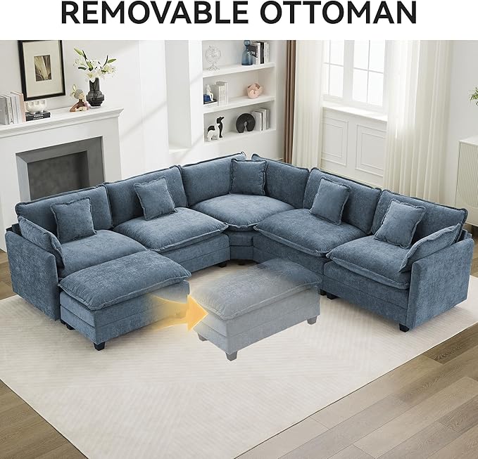 113'' V Shaped Cloud Sectional Sofa, Oversized Deep Seat Couches for Living Room, Chenille Comfy Upholstered Modular Sectional Sofa Couch, Blue