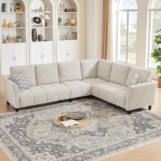 Convertible Sectional Sofa Couch, 102" L Shaped Couch with Back Cushions, Modern Upholstered Fabric 6-Seat Reversible Sofa Set for Living Room, Apartment, Office, Beige