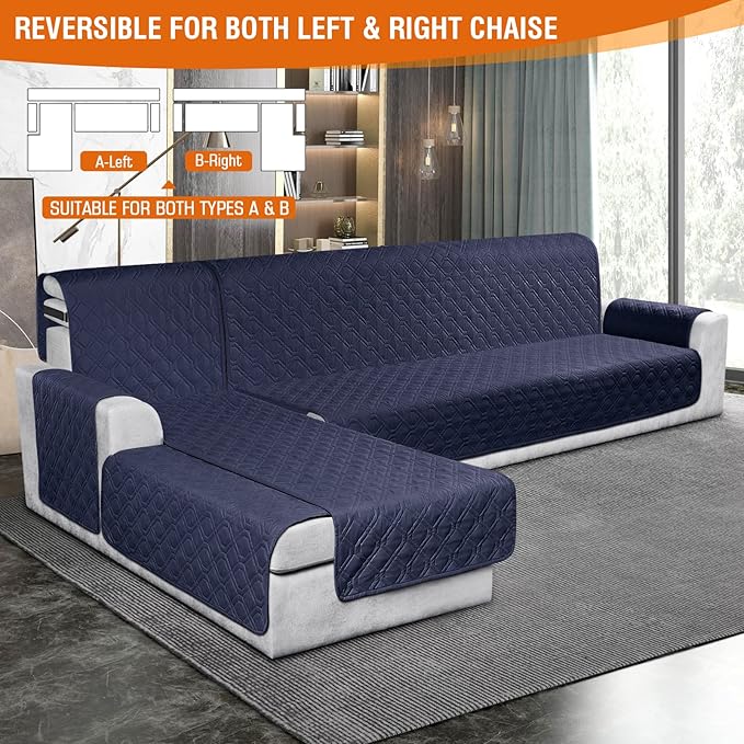 VANSOFY Sectional Couch Covers 100% Waterproof L Shaped Sofa Slipcover 3pcs Reversible Chaise Lounge Cover for Sectional Sofa Furniture Protector Cover for Pets Cat Dog(X-Large, Dark Blue)