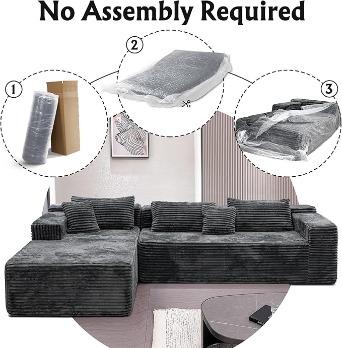 Boneless Modular Sectional Sofa, Cloud Couch with Left Facing Chaise, Oversized Deep Seat, L-Shaped, Soft Corduroy Fabric, Sectional Couch for Living Room -Grey