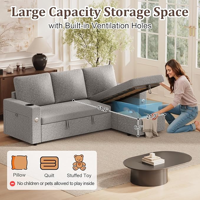Sleeper Sofa Bed, 4-in-1 Pull Out Couch with Reversible Chaise | Dual USB & Type-C Charging | Dual Cup Holders | Layered Storage (Armrest + Chaise) for Living Room, Apartment, Home Office (Light Gray)