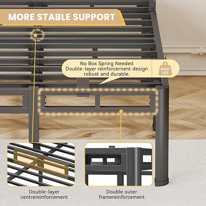 Full Size Bed Frame Heavy Duty, 16 Inch Metal Double Layer Steel 4000 lbs Capacity, Platform with Large Under Bed Storage Space, No Box Spring Needed, Noise-Free, Easy Assembly
