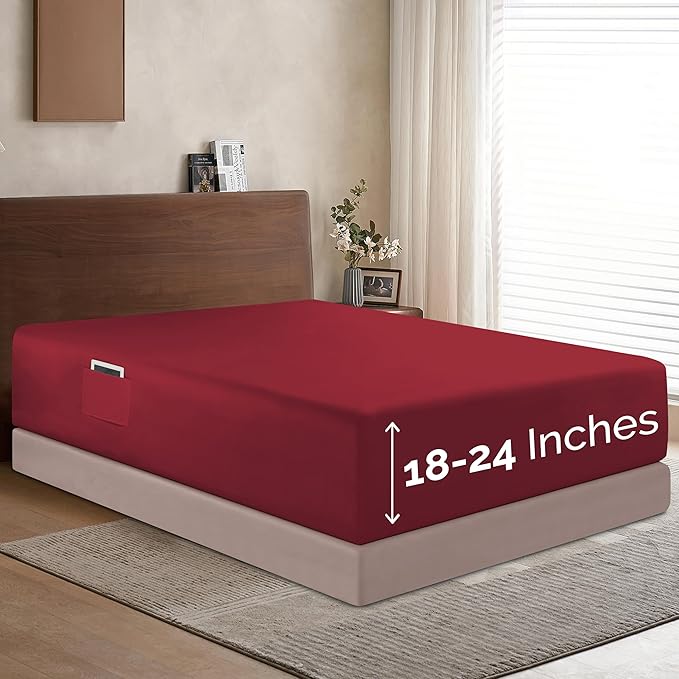 Elegant Comfort 1500 Premium Hotel Quality 18-24 Inches Deep - Extra Deep Pocket Single Fitted Sheet for High Mattress, Luxury and Softest, Smart Pocket - Wrinkle Free, California King, Burgundy