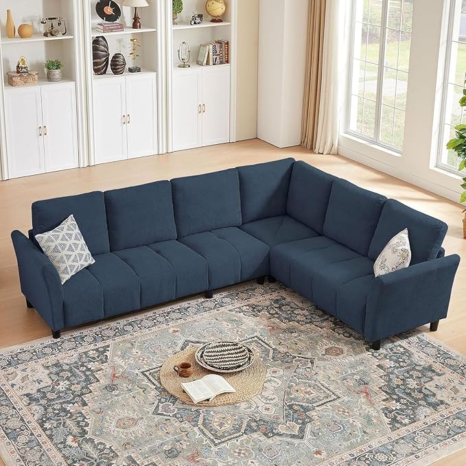 Convertible Sectional Sofa Couch, 102" L Shaped Couch with Back Cushions, Modern Upholstered Fabric 6-Seat Reversible Sofa Set for Living Room, Apartment, Office, Blue