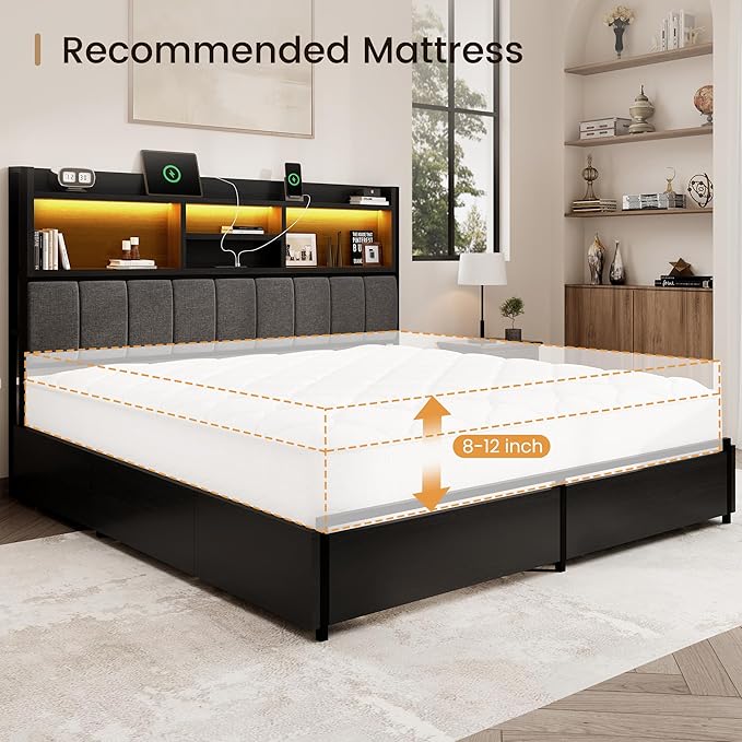 BRELTAM Queen Bed Frame with 6 Storage Drawers, Linen Upholstered Headboard, Built-in USB Charging Station & LED Lighting, Silent Metal Support, No Box Spring Needed, Vintage Black