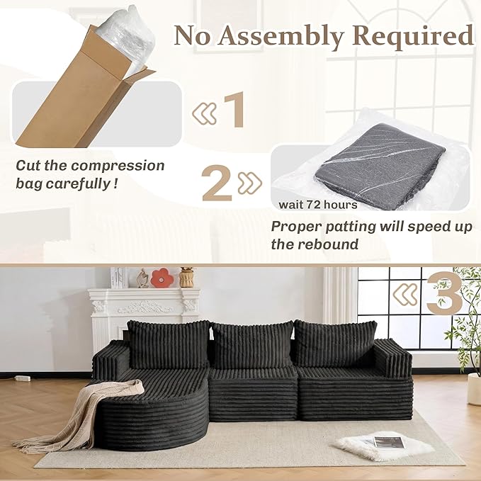 103”Boneless Couches for Living Room, L-Shaped Modular Sectional Sofa with Chaise, Modern Corduroy Cloud Couch with Deep Seat, Comfy Sponge Compression Convertible Sofas