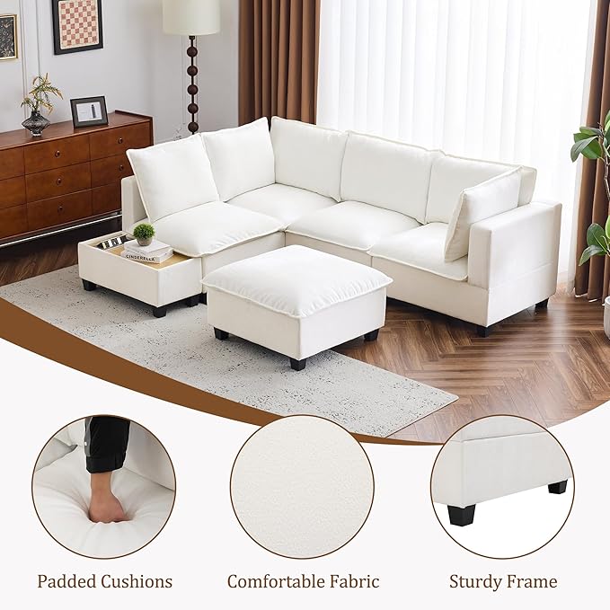 Harper & Bright Designs 90" U-Shaped Sectional Sofa Modular Sofa Couch with a Movable Ottoman, a Coffee Table with Hidden Charging Devices for Living Room, White
