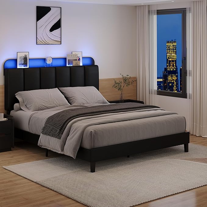 BarnFurin Queen Bed Frame with LED Lights, Upholstered Bed Frame Queen Size with Storage Headboard, Modern Platform Design Noise-Free, No Box Spring Needed, Easy Assembly, Black
