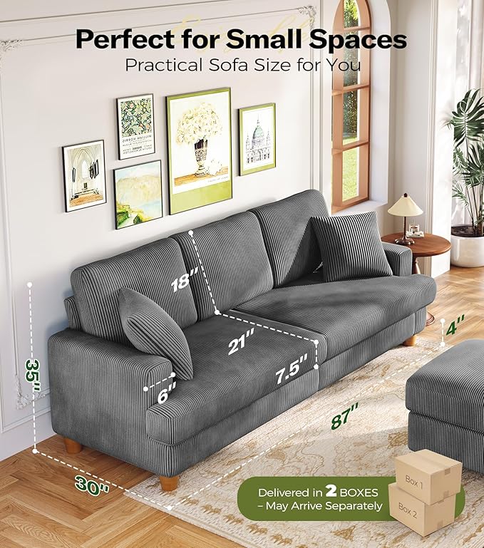 Kidirect 87in Corduroy Couch, Sofa No Tool Assembly, Comfy Couches for Living Room 21in Deeper Seats, Corduroy Sofas for Living Room with 2 Pillows, Oversized Loveseat Sofa, Boho Love Seat Grey Couch