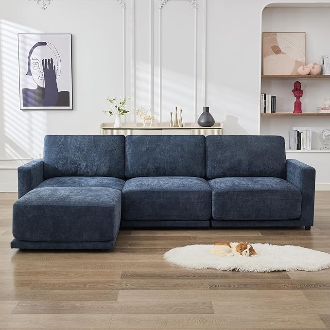 110.6" L Shaped Modular Sectional Sofa Modern Chenille Comfy Couch with Thickened Seat Cushions, Easy Assembly, Upholstered 4 Seater Couch with Movable Ottoman for Living Room, Blue