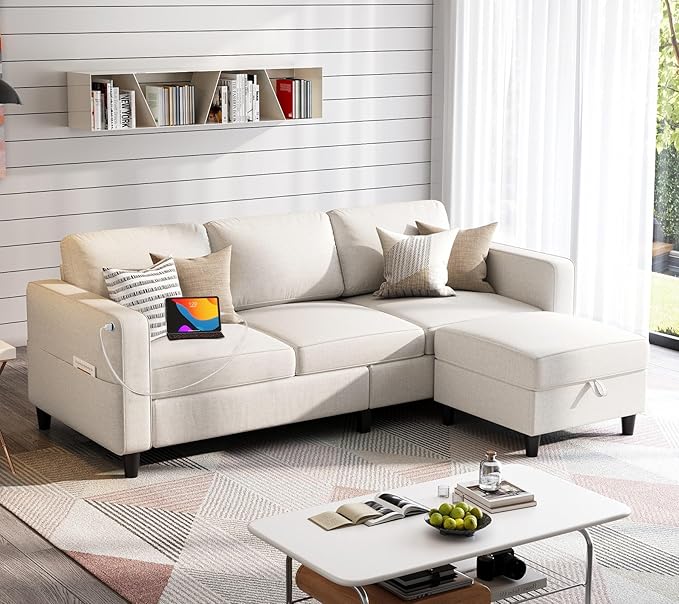 Sectional Sofas Couches for Living Room 78" L-Shaped Couch - Modern Linen Beige Sofa with Storage Ottoman USB for Apartments, Studios & Home Offices, Small Space
