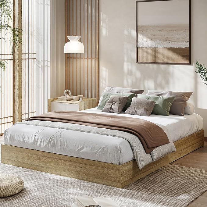 Solid Wood Platform Bed with Sturdy Wooden Slats, California King Size Floor-Standing Bed Frame, Modern Minimalist Design Bed Frame, No Box Spring Needed, Easy Assembly