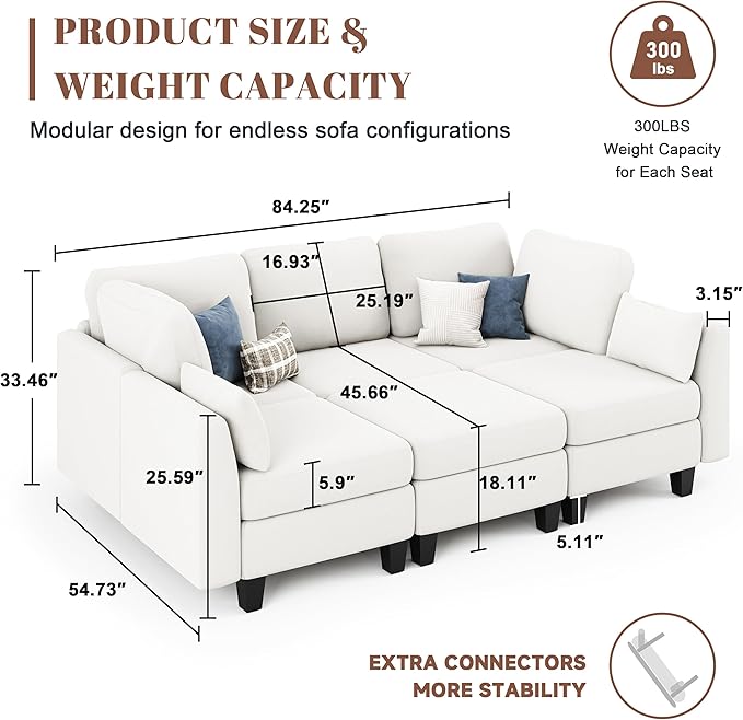 Sectional Sleeper Sofa, 6 Seaters Modular Sleeper Sofa Couch, Comfy Sectionals Couches Bed, Convertible Sofas with Ottomans, Modular Sectional Couches for Living Room, White