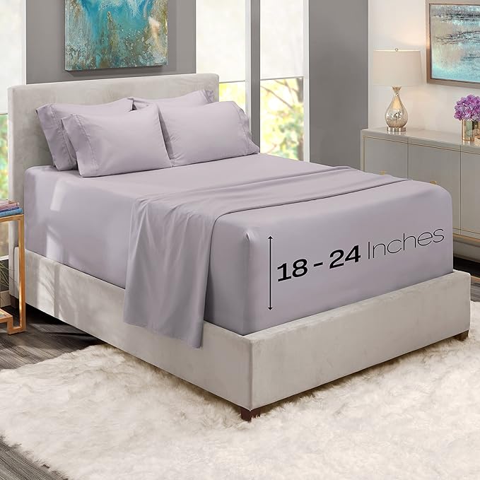 Hearth & Harbor Extra Deep Pocket Sheets - Fits Mattress 18-24 Inches Deep - Extra Deep Pocket California King Size - 6 Piece Cal King Sheets - Cal King, Light Lavender