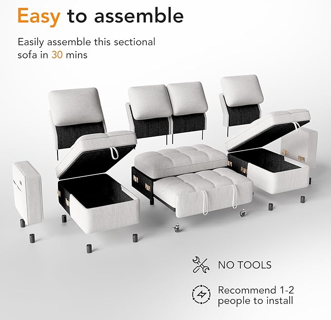 WEUP Modular Sectional Sleeper Sofa Bed, 105" U-Shaped Couch Bed with Adjustable Backrest, Pull Out Couch with Double Storage Chaise, USB Charging & Tool-Free Assembly, Chenille Beige | Reclining Backrest, Tool-Free Assembly, Breathable material