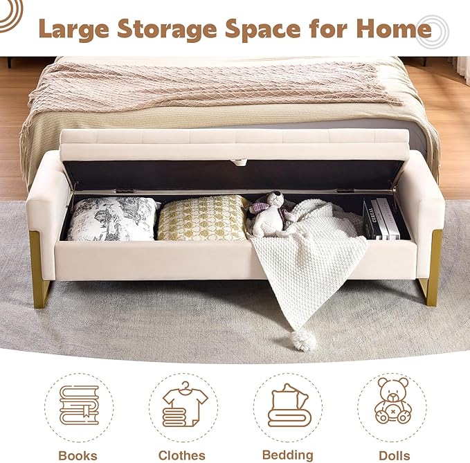 67" End of Bed Storage Bench King Size, Bench for Bedroom Foot of Bed, Upholstered Velvet Storage Ottoman with Gold Legs for Window Living Room, Beige
