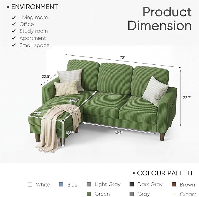 YESHOMY L-Shaped Sofa Couch, Small Couch with Reversible Chaise and Ottoman, Convertible Sectional Comfy 3 Seat Sofas with Side Pockets for Apartment and Living Room (Olive Green)