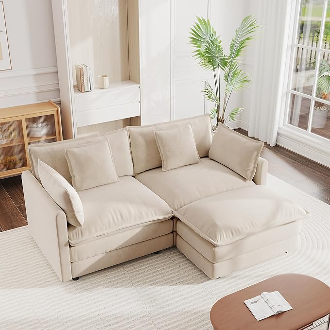 mikibama Modular Sectional Sofa, 76.4 Inch L Shaped Couch Set for Living Room, Loveseat Comfy Cloud Couches with Movable Ottoman, DIY Combination, Chenille, Light Coffee