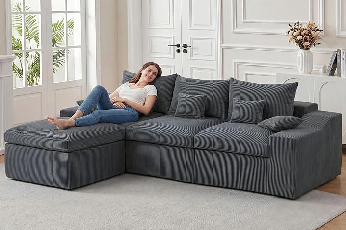 HABUTWAY 104" L Shaped Cloud Sectional Couch, Boneless Modular Sectional Sofa with Deep Seat, Corduroy Couches for Living Room, Modular Couch, No Assembly Required (Grey)