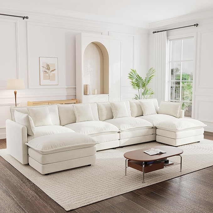 mikibama Modular Sectional Sofa, 146.5 Inch U Shaped Couch Set for Living Room, 4-Seater Comfy Cloud Couches with Two Movable Ottoman, DIY Combination, Chenille, Beige
