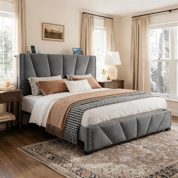 EnHomee Queen Bed Frame with Headboard, Velvet Bed Frame Queen Size with Charge Station and Led Light, Queen Bed Frame for Bedroom Apartment, Dorm, Noise-Free, Easy Assembly, Gray