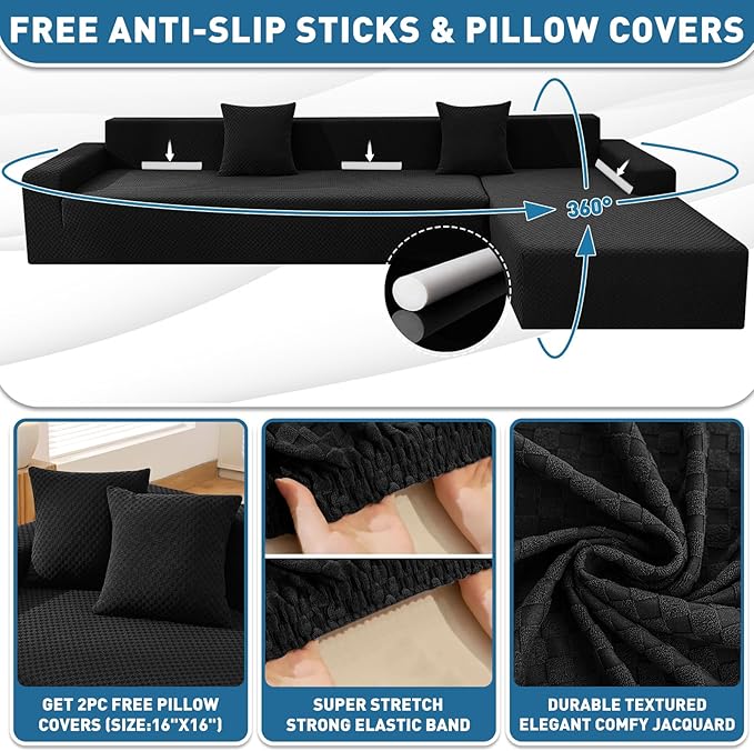 ZNSAYOTX Sectional Couch Covers, Stretch Jacquard Slipcovers with Elastic Bottom for L-Shape Sectional Sofa, 2 Pcs Pet Friendly Modular Sofa Protector (3 Seat Couch + 2 Seat Chaise, Black)