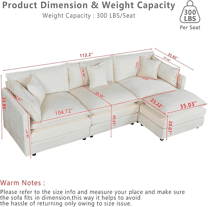 Setawix Deep 3 Seater Couch with Ottoman,112.2" L-Shaped Cloud Couches for Living Room,Chenille Cloud Sofa Couch with Deep Seat,Modular Sectional L Shape 3 Seat Sofa for Bedroom (Beige, 3+1)