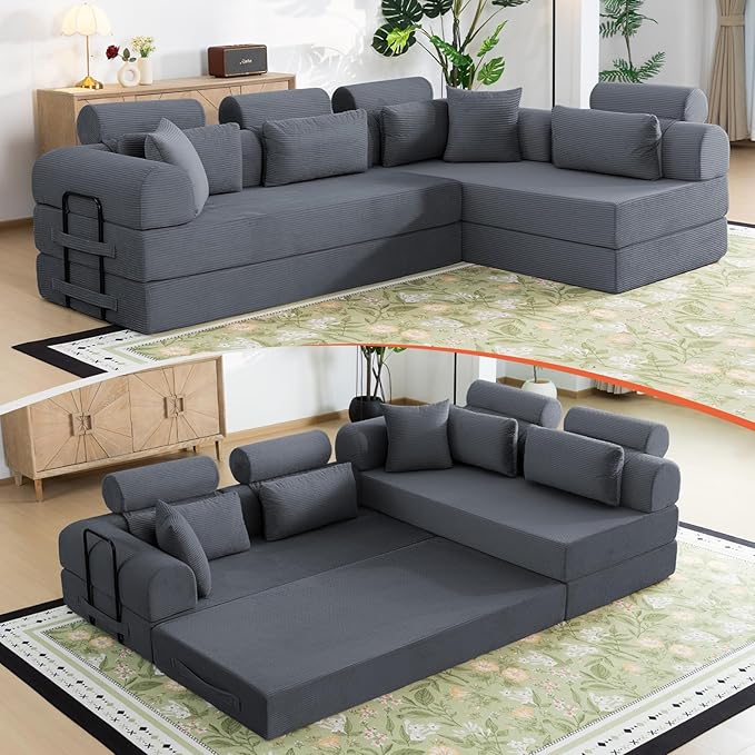 Boneless Sectional for Small Spaces, 106” L Shaped Couch from Two 70.87” Modules, Reconfigures to 141.7” Straight Sofa, Corduroy Compressed Couch in a Box with Headrest Back Pillows, Dark Grey