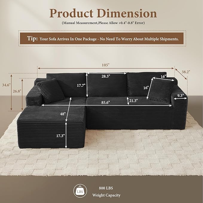 96" Sectional Couches for Living Room Cloud Couch Sofa with L-Shape Upholstered Boneless Couchs Modern Modular Sectional Couch with Chaise (Black, 95" W+Left Facing Chaise+2Seaters)